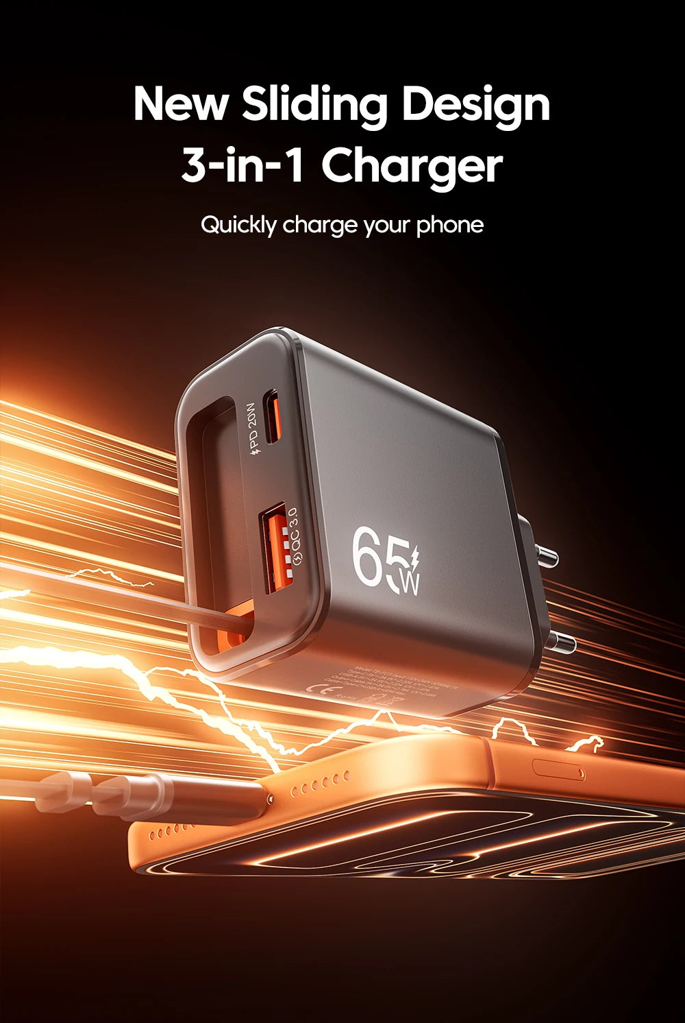 65W USB Phone Charger With Retractable Super Fast Charging Type C Cable For iPhone 17 16 POCO Xiaomi QC 3.0 USB PD Wall Charger