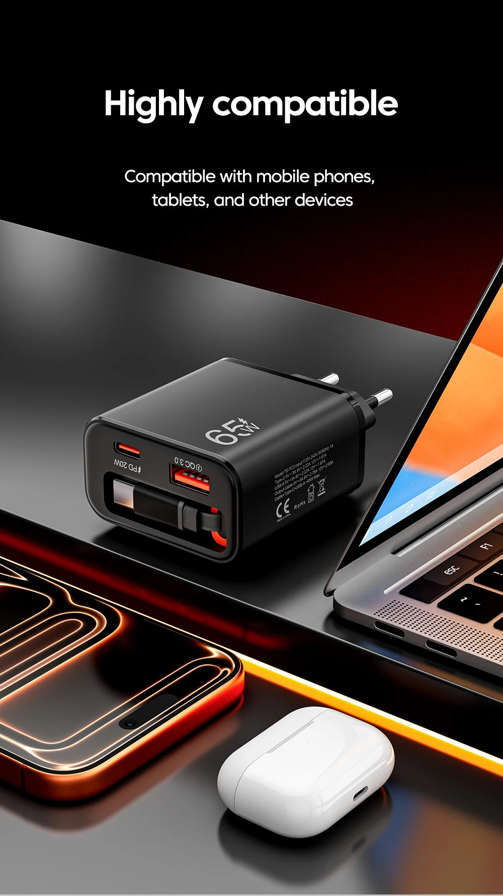 65W USB Phone Charger With Retractable Super Fast Charging Type C Cable For iPhone 17 16 POCO Xiaomi QC 3.0 USB PD Wall Charger
