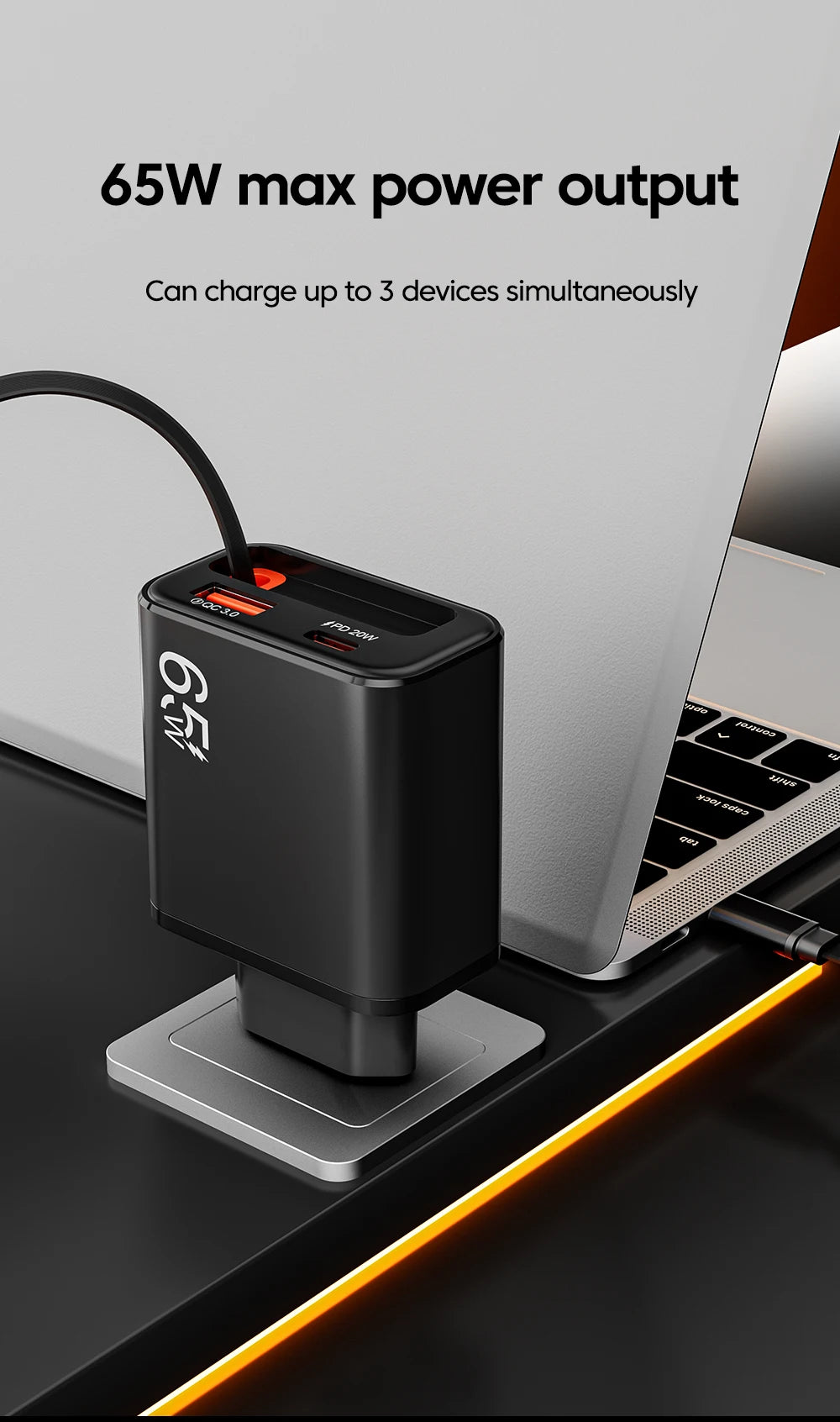 65W USB Phone Charger With Retractable Super Fast Charging Type C Cable For iPhone 17 16 POCO Xiaomi QC 3.0 USB PD Wall Charger