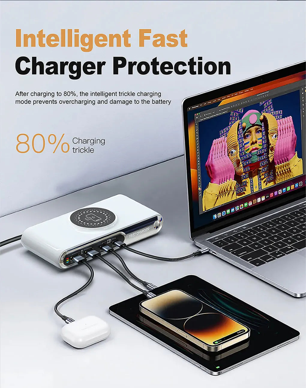 New 72W Multifunction Charger Wireless Charger 4-Port PD+QC USB Type-C Quick Charger Home Travel Office Convenient For Phone