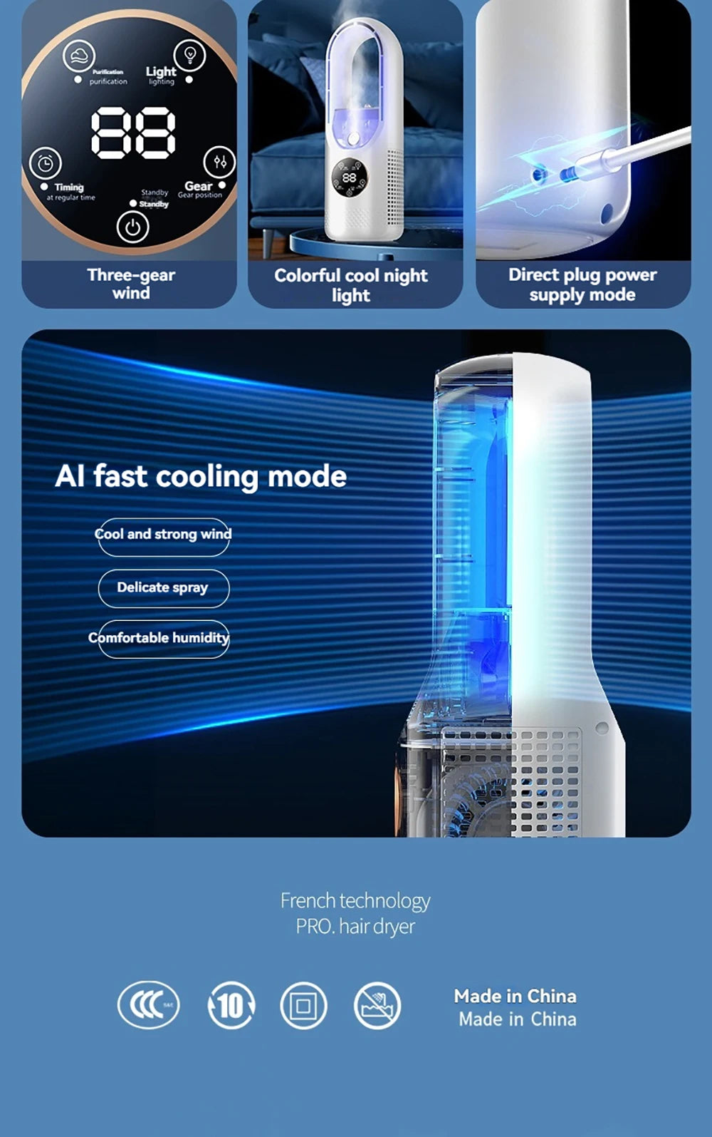 Mini Air Cooler Humidification Cooling USB Silent Timed Air Conditioning Fan Colorful Lights Night Light Led Screen 6 Wind Speed