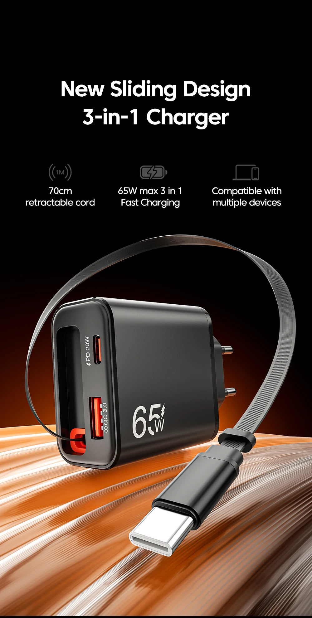 65W USB Phone Charger With Retractable Super Fast Charging Type C Cable For iPhone 17 16 POCO Xiaomi QC 3.0 USB PD Wall Charger