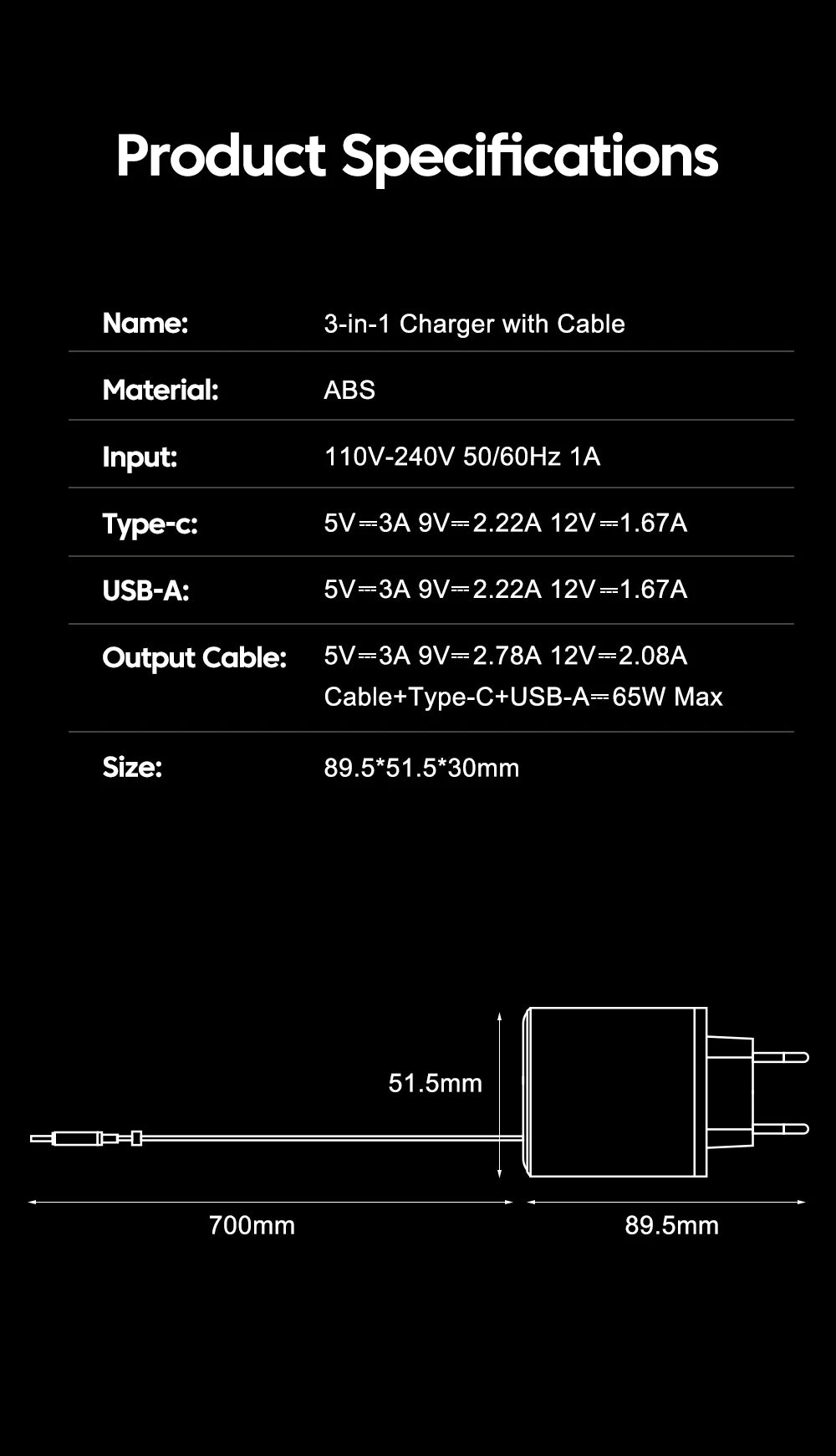 65W USB Phone Charger With Retractable Super Fast Charging Type C Cable For iPhone 17 16 POCO Xiaomi QC 3.0 USB PD Wall Charger