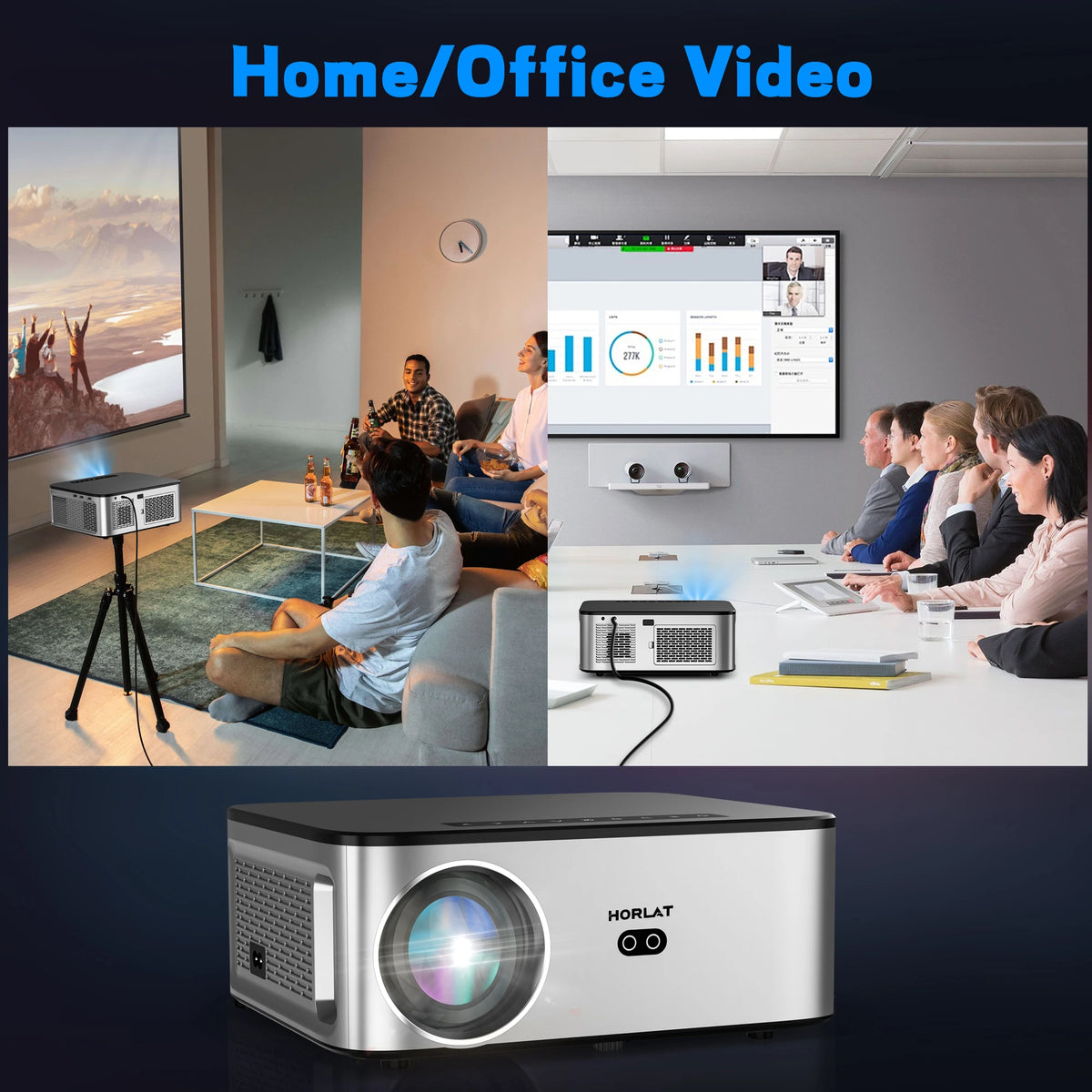 HORLAT 35000Lumens LCD Projector Android Beamer 8K Support 1080P Native Dual Band Wifi 6 Auto Focus Keystone Office Home Theater